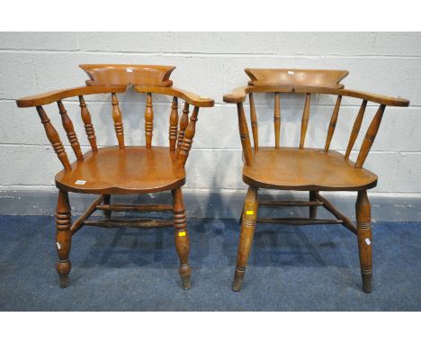 TWO EARLY 20TH CENTURY ELM AND BEECH BOW TOP SMOKERS CHAIRS, with dish seats