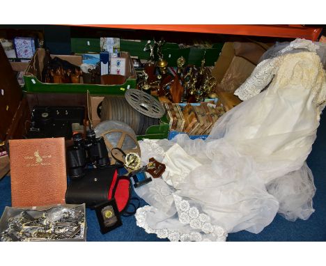 SIX BOXES AND LOOSE PROJECTOR, FILM REELS, WEDDING DRESS, TROPHIES AND SUNDRY ITEMS, to include a Specto Ltd boxed projector 