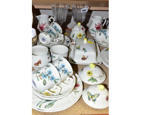 A THIRTY SEVEN PIECE VILLEROY AND BOCH PART TEA SET WITH TWO CRYSTAL GLASSES, tea set in the Bouquet pattern, comprising two 