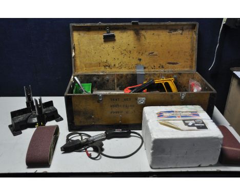 A WOODEN TOOLBOX containing a small collection of tools, along with a TP-50 60 amp repayment metre, a vintage Wolf soldering 