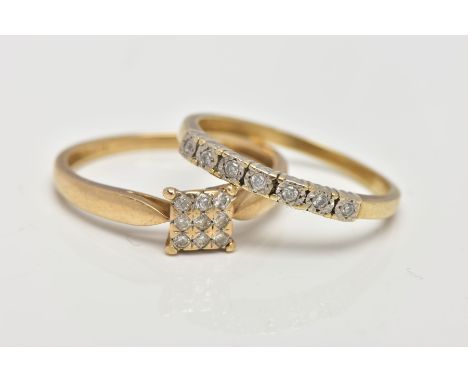TWO YELLOW METAL DIAMOND RINGS, the first designed with a square mount set with nine round brilliant cut diamonds, stamped di