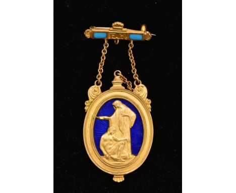 A 9CT GOLD AND ENAMEL MASONIC FOB BROOCH, a gold oval frame depicting a kneeling man and a robed woman, backed with a blue gu