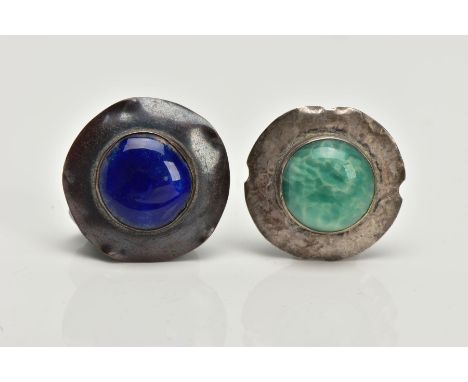 TWO ARTS AND CRAFTS BROOCHES, white metal circular brooches one with a circular blue enamel centre, approximate diameter 31mm
