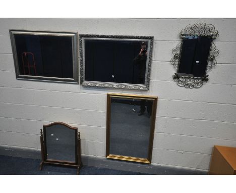 TWO VARIOUS SILVER FRAMED MIRRORS, along with a gilt framed mirror, a scrolled metal framed mirror and a dressing mirror (5)