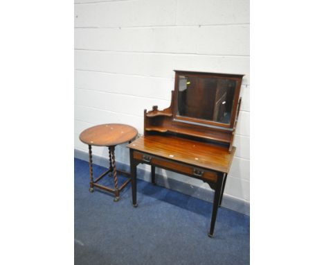 AN EDWARDIAN MAHOGANY DRESSING TABLE, with a single mirror, and single frieze drawer, on square tapered legs, width 91cm x de