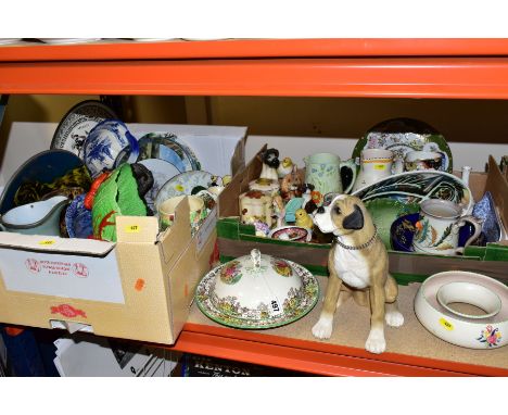 TWO BOXES AND LOOSE CERAMICS, including a Copeland Spode 'Spode's Byron' muffin dish and cover, a Poole pottery posy bowl, a 