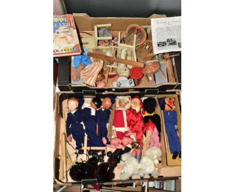 TWO BOXES OF PELHAM AND OTHER PUPPETS, PUPPET /DOLLS FURNITURE AND ACCESSORIES, to include ten puppets in need of restoration
