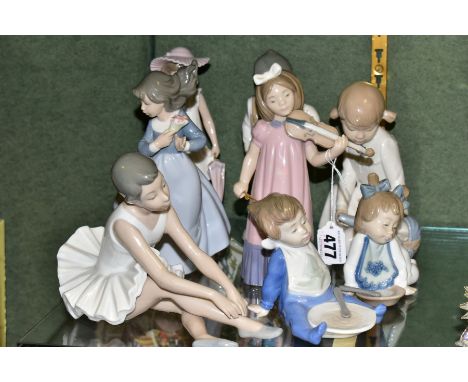 EIGHT NAO FIGURES OF CHILDREN, including a ballerina seated on the ground, a girl with a violin and bow, two young children w