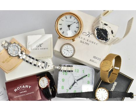 A SELECTION OF WRISTWATCHES AND TRAVEL CLOCKS, to include a Rotary quartz movement watch, encased in a signed Rotary box toge