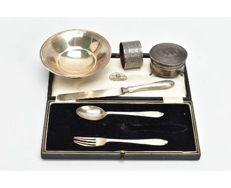 A BOX OF ASSORTED SILVER ITEMS, to include a signed box 'James Porter &amp; Son' incomplete silver cutlery set, including a f