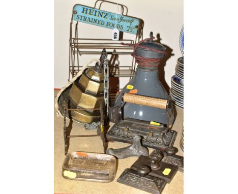 A VINTAGE HEINZ SHOP DISPLAY RACK, LIGHTS, SHOP AND DESK ACCESSORIES, to include table top display rack with three shelves, s