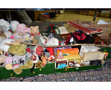 SIX BOXES AND LOOSE TREEN, CHRISTMAS DECORATIONS, SOFT TOYS AND SUNDRY ITEMS, to include a musical cigarette box in the form 