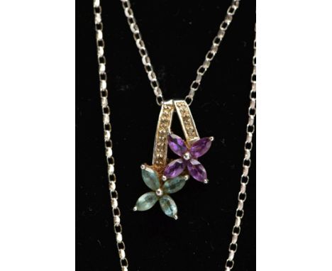 A 9CT WHITE GOLD, GEM SET PENDANT NECKLACE, the pendant in the form of two flower drops one set with marquise cut amethyst pe