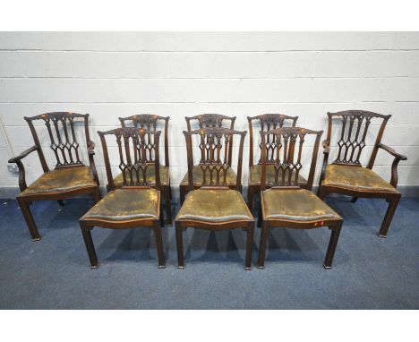 SET OF EIGHT 19TH CENTURY CHIPPENDALE STYLE MAHOGANY DINING CHAIRS, with floral carved top rail, pierced Gothic splat below w