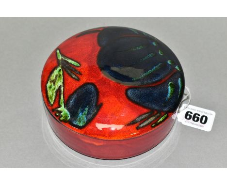 A POOLE POTTERY CIRCULAR POWDER BOWL WITH LID, decorated in the Delphis pattern, moulded factory marks to the base, condition