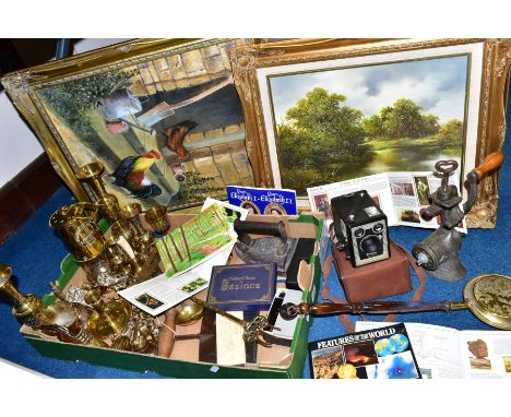 A BOX AND LOOSE METALWARES, KITCHENALIA, PAINTINGS AND SUNDRY ITEMS, to include two oil paintings on board in gilt frames: a 