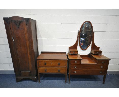 A SLIM OAK HALL ROBE, width 62cm x depth 41cm x height 185cm, an oak chest of three drawers and an Edwardian mahogany dressin