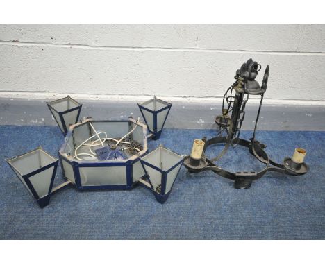 A BLUE PAINTED METAL CEILING LIGHT, with frosted glass panels, and four square tapered lanterns, 54cm squared (condition:- mi
