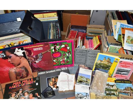 FOUR BOXES AND LOOSE BOOKS, EPHEMERA, RECORDS, A TYPEWRITER, A SLIDE PROJECTOR AND SUNDRY ITEMS, to include a metallic blue I