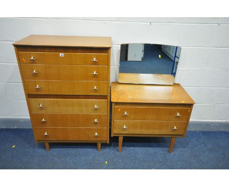 A MID-CENTURY TEAK BEDROOM SUITE, comprising a tall chest of six drawers, width 79cm x depth 42cm x height 115cm and a dressi