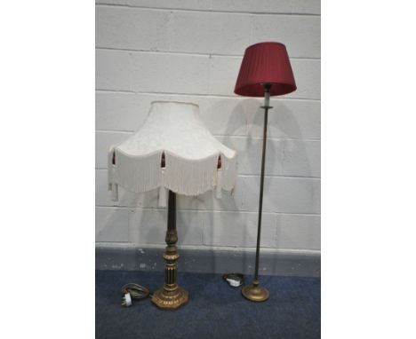 A DAVID HUNT FRENCH GILT TABLE LAMP with a fabric shade, height to fitting 76cm, and a Laura Ashley low standard lamp with a 