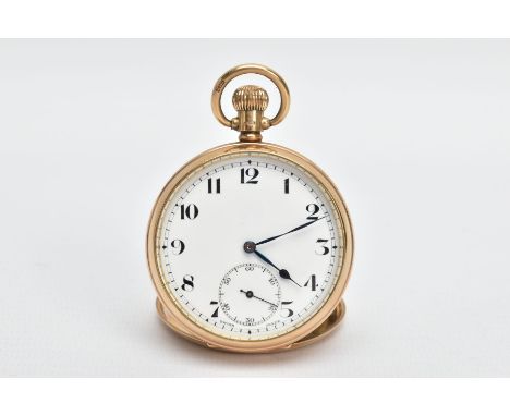 A 9CT GOLD OPEN FACE POCKET WATCH, (working) round white dial, Arabic numerals, seconds subsidiary dial at the six o'clock po