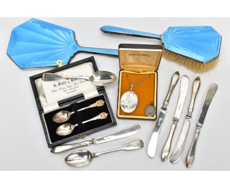 A BOX OF ASSORTED SILVER ITEMS, to include a pale blue guilloche enamel vanity hair brush and mirror, each piece hallmarked '