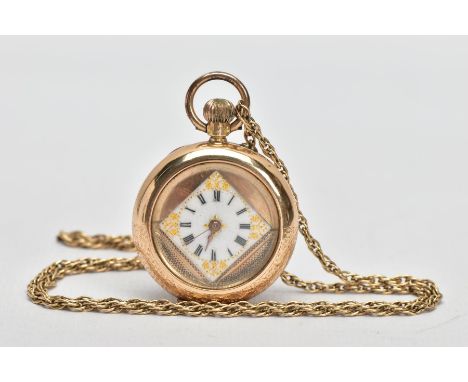 A YELLOW METAL OPEN FACE POCKET WATCH WITH CHAIN, round white and gold detailed dial, Roman numerals, gold tone hands, within