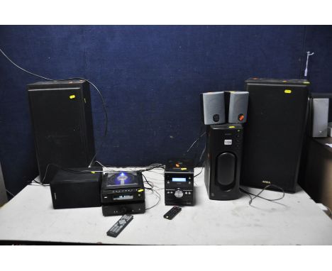 A SONY SRS D2 SUB AND SATELLITE SPEAKERS, a Logik hi fi, a Sandstrom Hi Fi with one speaker, a pair of Aiwa SM-Z95 speakers (