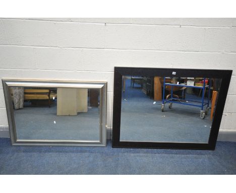 A LARGE MODERN BEVELLED EDGE WALL MIRROR, 117cm x 92cm, a silvered bevelled edge mirror (2)