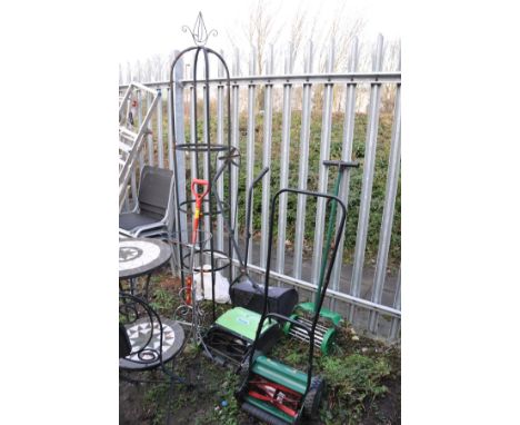 TWO MANUAL LAWN MOWERS by Qualcast and The |Handy, two metal plant stands and two  lawn aerator (6)