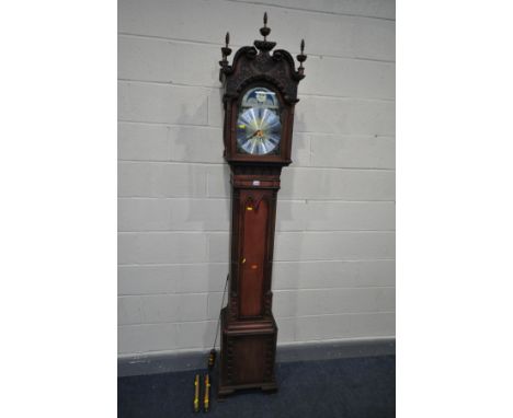 A STAINED WOOD GOTHIC STYLE LONGCASE CLOCK, carvings and finials to top, glazed door enclosing a 9   dial, moonphase to arch,