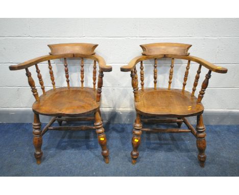 A PAIR OF EARLY 20TH CENTURY BEECH BOW BACK SMOKERS CHAIRS