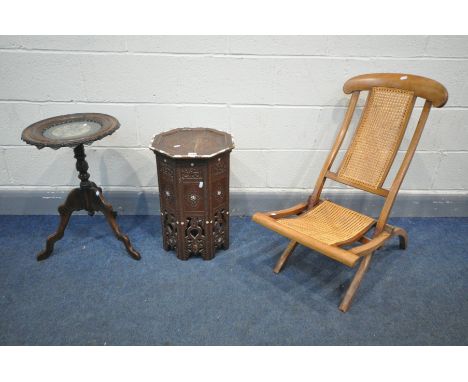 A MOORISH OCTAGONAL OCCASIONAL TABLE, diameter 36cm x height 53cm (condition:-historical crack to the top) a vintage folding 