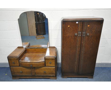 AN ART DECO OAK BEDROOM SUITE, comprising a two door gentleman's wardrobe, width 75cm x depth 47cm x height 138cm, and a dres