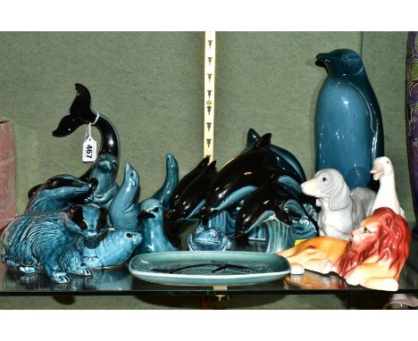 A COLLECTION OF POOLE POTTERY BLUE AND BLACK GLAZED ANIMAL AND BIRD FIGURES AND OTHER CERAMICS, the Poole comprising a whale,