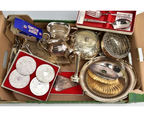 A SELECTION OF SILVER PLATED ITEMS, to include a floral embossed teapot with two vacant cartouches and hinged lid, base stamp