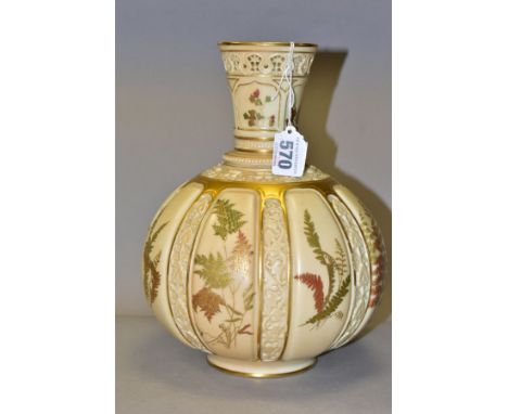 A ROYAL WORCESTER BLUSH IVORY, ONION SHAPED VASE WITH RETICULATED RIM, the body having alternating panels of ferns and moulde