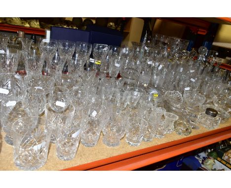A QUANTITY OF CUT CRYSTAL GLASSWARES, to include approximately one hundred and twenty pieces, a Wordsley Crystal round decant