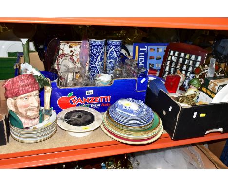 TWO BOXES AND LOOSE CERAMICS AND GLASS WARES, to include a Royal Doulton Lumberjack D6610 character jug height 18.5cm, seven 