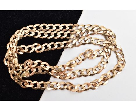 A 9CT GOLD FLAT CURB LINK CHAIN, fitted with a spring clasp, hallmarked 9ct gold rubbed, length 460mm, approximate gross weig
