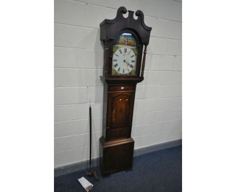 A GEORGIAN OAK, MAHOGANY AND CROSSBANDED EIGHT DAY LONGCASE CLOCK, the hood with a swan neck pediment, turned pillars flankin