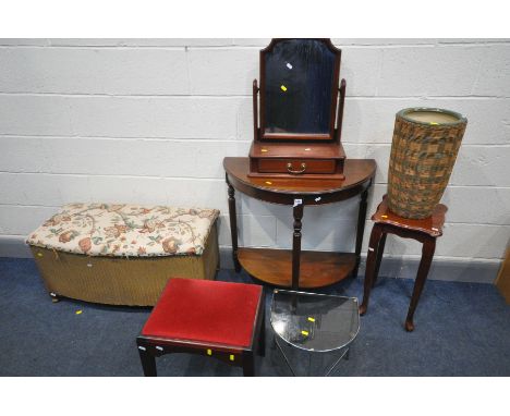 A MAHOGANY DEMI-LUNE HALL TABLE, width 80cm x depth 40cm x height 77cm, a Lloyd loom wicker ottoman, mahogany stool, dressing