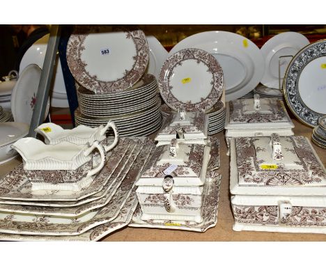 A LATE VICTORIAN EARTHENWARE DINNER SERVICE TRANSFER PRINTED IN BROWN WITH AN AESTHETIC STYLE DESIGN 'ALEXANDRIA' RD NO.39268