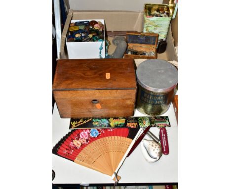 A BOX OF VINTAGE BUTTONS, BOXES, LIGHTERS, POCKET KNIVES AND SUNDRY ITEMS, to include a lacquer and mother of pearl inlaid sn