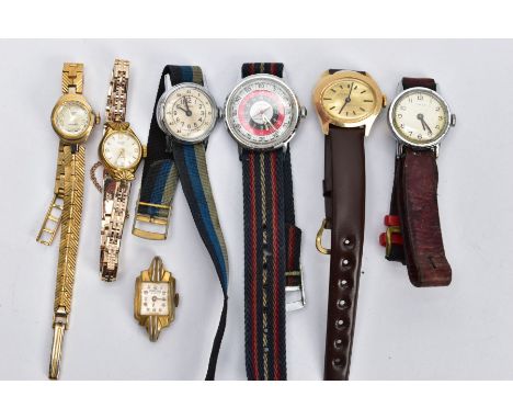 A SELECTION OF LADIES WRISTWATCHES, seven watches with names to include 'Timex, Medana', two fitted with fabric straps, two f