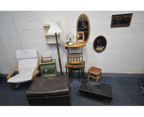 A QUANTITY OF OCCASIONAL FURNITURE, to include a mahogany nest of three tables, oak magazine rack, tin trunk, three various m