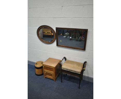 AN OAK BEVELLED EDGE WALL MIRROR, 74cm x 48cm, an oval wall mirror, an Edwardian mahogany piano stool, a light wood pot cupbo