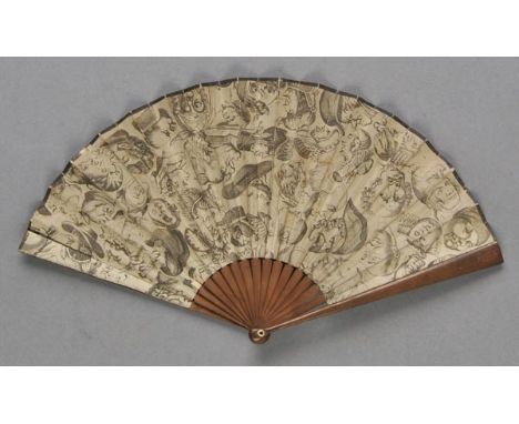 *Caricatures. An early 19th century English fan,  folding paper fan, the etched leaf with a medley of caricatures and reversi