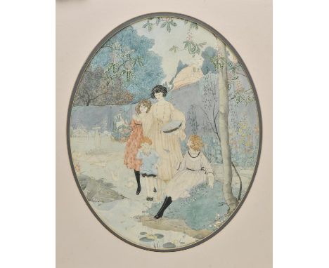 *Mildred (Lydia, early 20th c.). Three young female figures and a small girl in a walled garden, June 1920, watercolour, show
